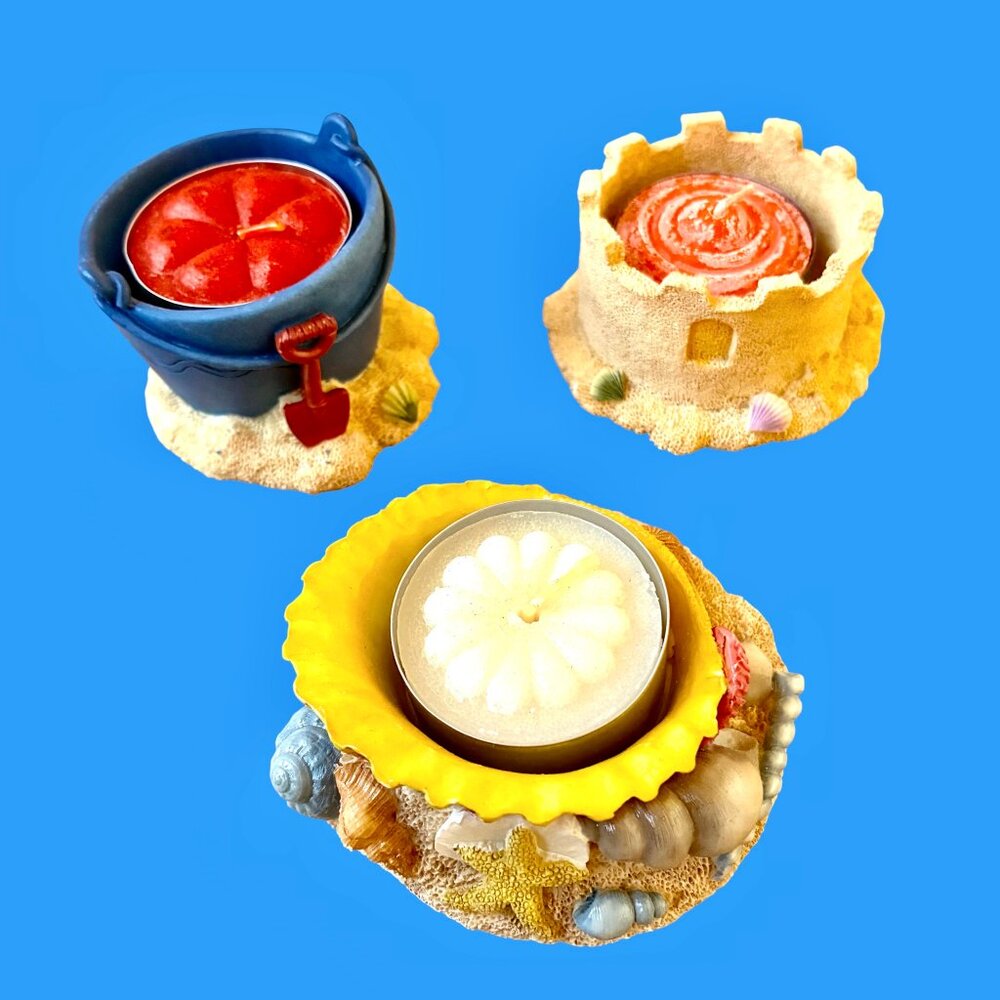 Set of 3 Tealight Candle Holders Sand Castle + Sea Shell + Bucket New